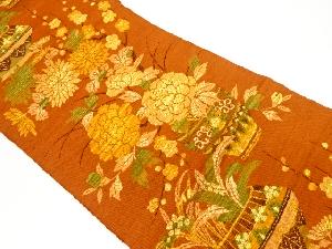 手織り紬花瓶に花々模様織出し名古屋帯